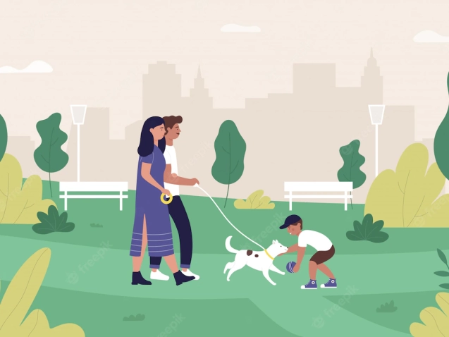 family-people-summer-city-park-illustration-cartoon-mother-father-son-characters-walking-playing-with-pet-dog-green-park-landscape_213110-483